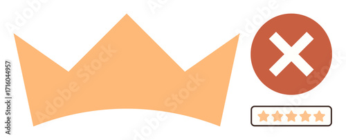 Crown as leadership symbol, crossed out by red X, next to a 5-star rating scale. Ideal for failure, rejection, dissatisfaction, loss of power, leadership feedback, rating impacts simple flat