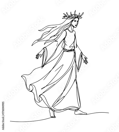 forest goddess in flowing robe with wreath thin lineart vector