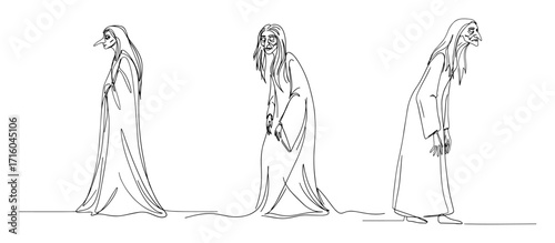 three spooky witches or plague hags from folklore a set of creepy characters continuous one line drawing vector set