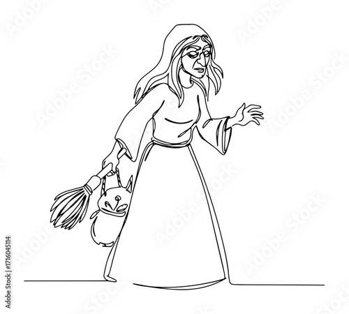 a sinister old witch casting a spell a spooky folklore character with a broom continuous one line drawing vector art