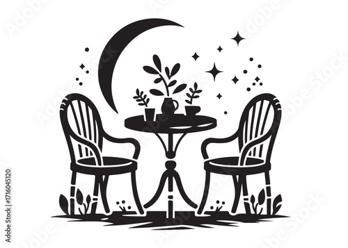 two chairs and table logo silhouette vector, table with chairs silhouette vector illustration, romantic dinner table silhouettes, table with umbrella and two chairs logo silhouettes vector 