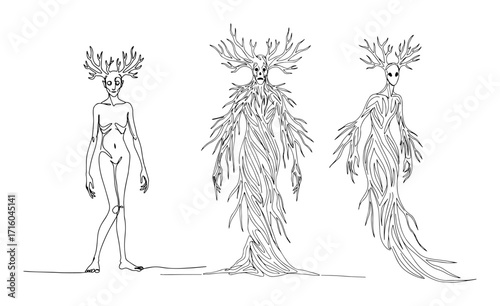 dryad forest spirit transformation fantasy creature set continuous one line drawing vector mythology art