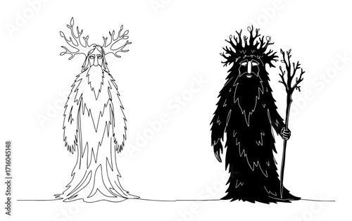 slavic forest spirit leshy in black and white versions one continuous line drawing vector mythology set