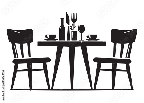 two chairs and table logo silhouette vector, table with chairs silhouette vector illustration, romantic dinner table silhouettes, table with umbrella and two chairs logo silhouettes vector 