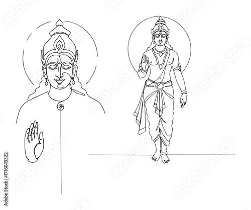 hindu god vishnu with halo monoline thin lineart vector design