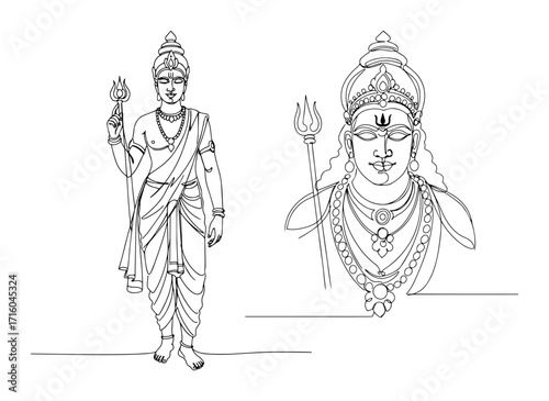 the hindu god lord shiva with his trishula a full body and portrait set continuous one line drawing vector art