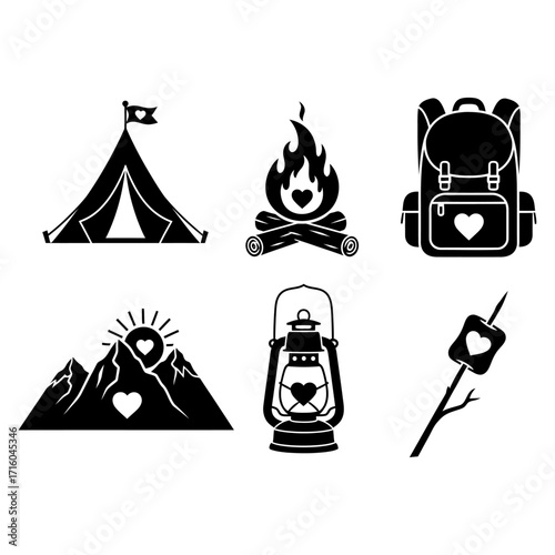Camping gear, tent, fire, backpack, lantern, and marshmallow elements vector illustration set