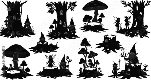 Fantasy Forest Silhouette Vector Set Featuring Gnomes, Fairies, Mushrooms, Trees, and Magical Creatures in Whimsical Woodland Scenes for Storytelling and Decoration