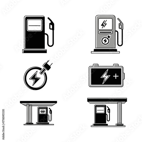 A set of six vector icons depicting gas and electric vehicle charging stations and related symbols.