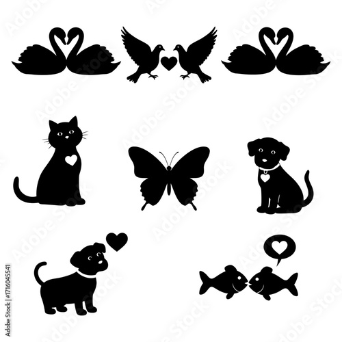 Silhouettes of romantic animals and nature elements, symbolizing love and harmony in relationships