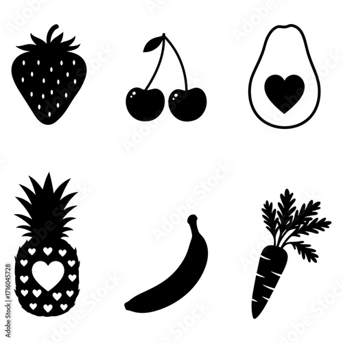 Black and White Icon Set Fresh Fruits and Vegetables Illustration - Wholesome Food