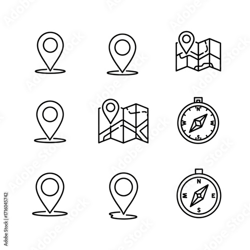 Collection of simple line icons depicting location markers, maps, and compasses for navigation.
