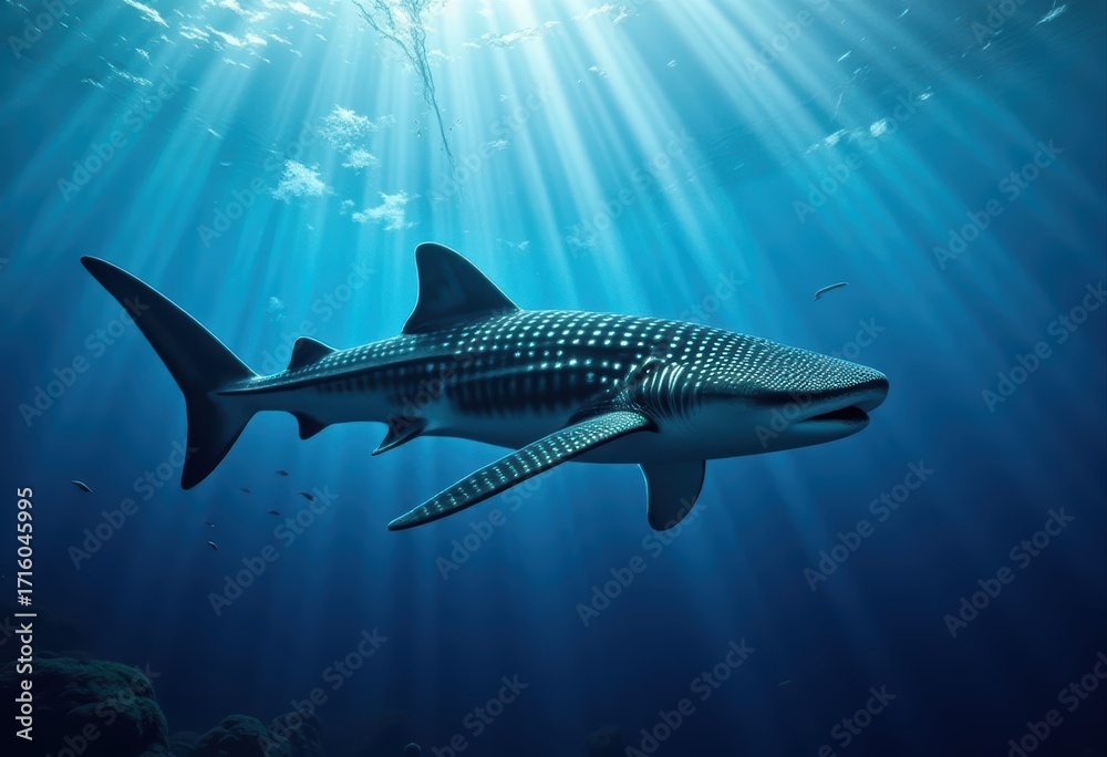 Obraz premium Majestic Whale Shark Swimming Gracefully in Clear Blue Ocean Beneath Sunlight with Rays Filtering Through Water Surface