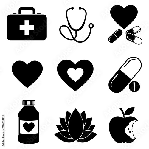 Essential healthcare and medical symbols set, promoting well-being and healthy lifestyle awareness vector icons