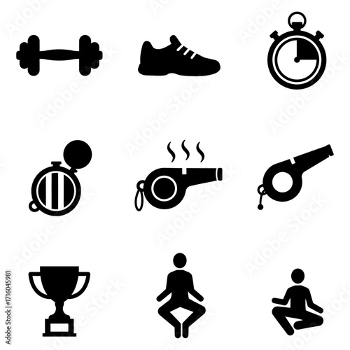 Fitness and Sports Icons Dumbbell, Sneaker, Stopwatch, Whistle, Trophy, and Yoga Poses for Workouts