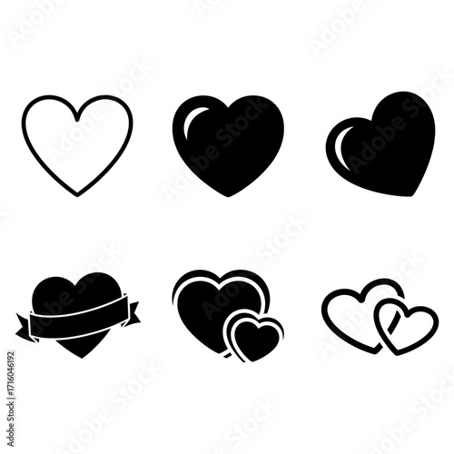 Collection of six different heart-shaped vector illustrations in black and white, perfect for design use