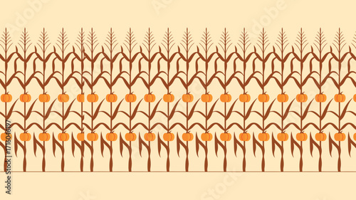 A repeating pattern of corn stalks with pumpkins growing on them against a beige background design