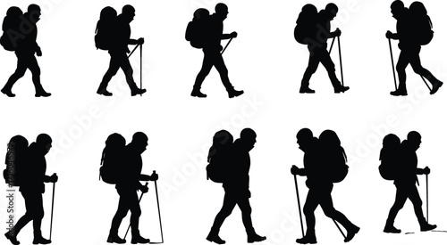 Hiking silhouette vector set with trekking poles, backpack motion, outdoor walking poses, adventure activity, nature exploration, travel illustration design
