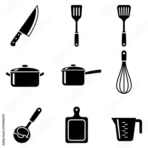 A comprehensive set of black silhouette vector icons representing various kitchen tools and cookware