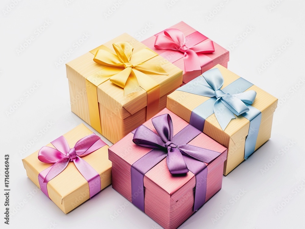 Obraz premium Colorful gift boxes stacked together on a white surface for a special occasion or celebration