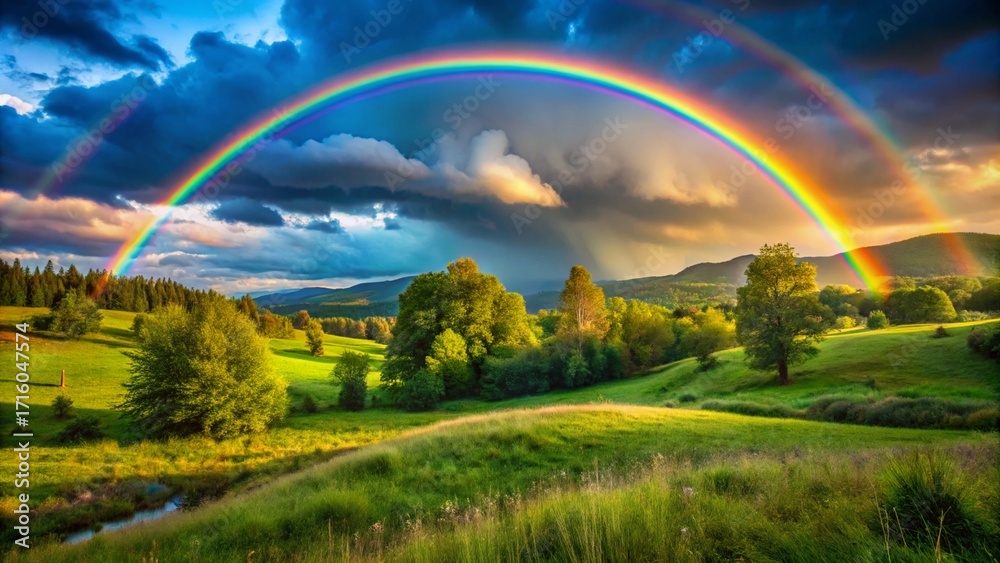 Obraz premium A Vibrant Rainbow Over Lush Green Hills A Picturesque Landscape of Natural Beauty and Serenity After the Rain