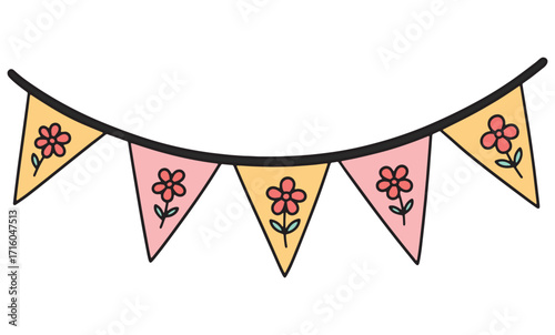Vector illustration of colorful party bunting garland with hearts and stars, perfect for celebrations and decorations
