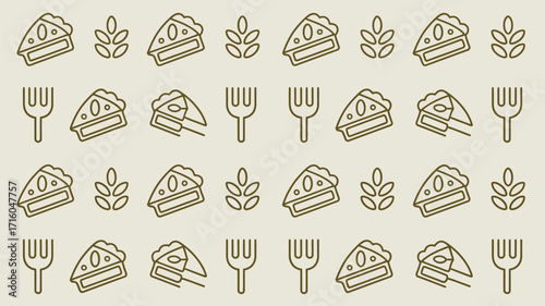 A pattern of pie slices, forks, and wheat stalks arranged on a light beige background in a simple design