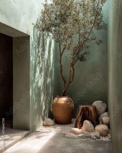 Serene courtyard garden with a terracotta pot, olive tree, and natural stones, bathed in soft sunlight.