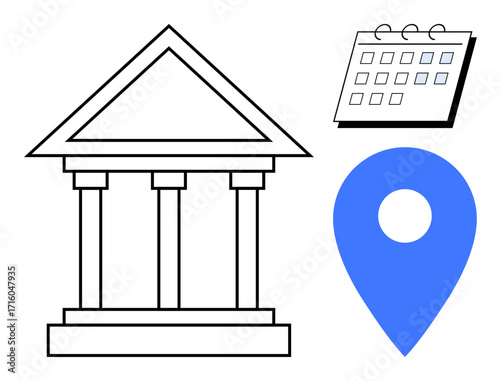 Government building with pillars, calendar, and location pin. Ideal for law, governance, scheduling, institution, location planning authority concepts. Clean simple flat metaphor