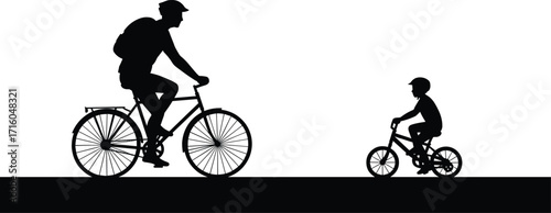 Silhouette of parent and child riding bicycles together outdoors, family cycling activity with helmets, bonding, recreation, exercise, healthy lifestyle, teamwork, teaching, learning, adventure