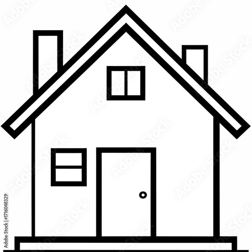 Simple black and white vector illustration of a detached house with a pitched roof, chimney, door, and windows, presented in a clean, geometric style