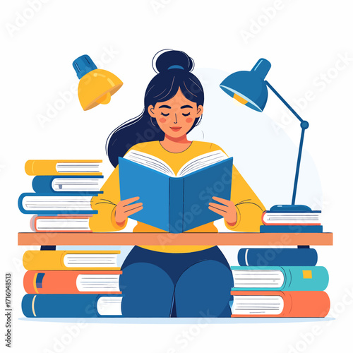 A flat 2D vector illustration of a focused young woman sitting at a desk, deeply engrossed in reading an open book surrounded by stacks of literature