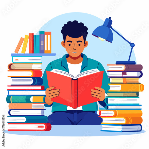A young man engrossed in reading a book, surrounded by stacks of books and illuminated by a desk lamp, symbolizing knowledge and education