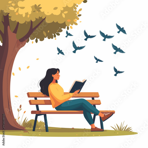 A young woman finds solace and peace reading a book on a park bench under a beautiful autumn tree, with birds soaring freely in the serene sky above