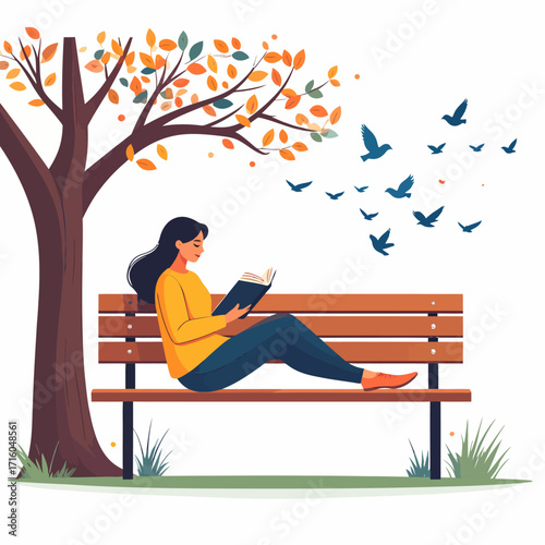 Serene autumn scene with a woman reading a book on a park bench, a flat vector illustration of peaceful leisure and solitude