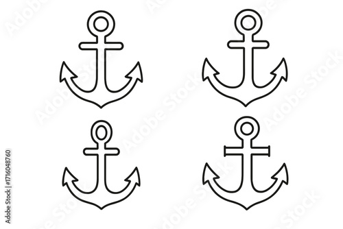 Anchor outline icon set. Nautical marine symbol collection. Metaphor for stability, safety, hope. Simple sea, boat, ship vector graphics. Line art with editable stroke.