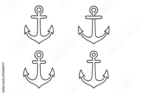 Anchor line art icon set. Simple nautical symbol collection for sailor and marine themes. Maritime boat and ship equipment vector illustration. Sea, ocean, and navy concept.