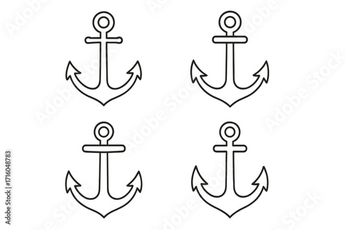 Anchor outline icon set. Simple line art collection for nautical and marine themes. Vector illustration of ship and boat anchors. Editable stroke symbols for navy or sea concepts.