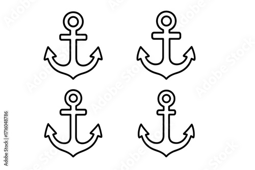 Anchor icon set vector line art collection. Nautical marine symbol for boat and ship. Maritime sea travel sign. Editable stroke outline for logo or infographic design.