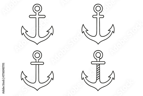 Anchor outline icon set. Nautical marine symbol collection. Simple line art for boat, ship, and sailing logo. Vector illustration for sea, travel, and stability concepts.