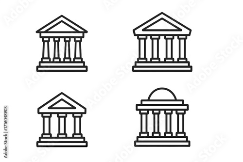 Bank building outline icon set. Line art collection of financial, government, or university buildings. Courthouse, museum, or institution facade. Vector illustration with editable stroke.