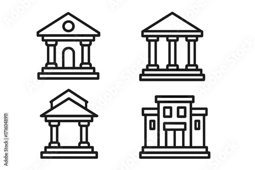 Bank building outline icon set. Financial institution, courthouse, university vector symbols. Simple line art government building graphics for web design, logo, infographic.