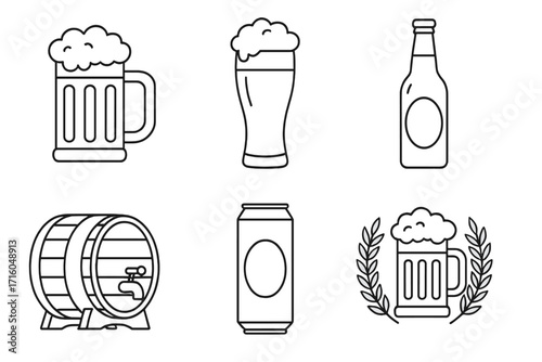 Beer line icon set. Vector collection of alcohol drink symbols. Brewery, pub, and bar signs. Includes glass, mug, bottle, can, and wood barrel. Editable stroke.