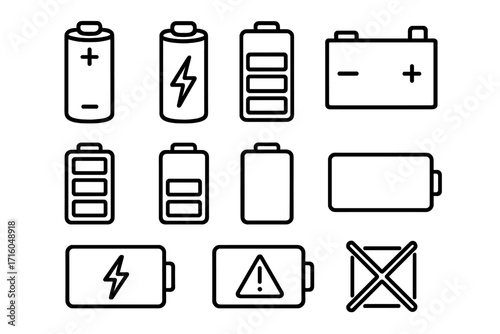 Battery charge status outline icon set. Power level indicator collection. Full, low and empty energy symbols. Vector line art. Editable stroke. Accumulator signs.