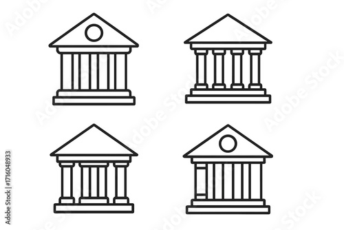 Bank building outline icon set. Government, courthouse, university, museum vector symbols. Finance, money, law, and justice concepts. Classic architecture editable stroke icons.