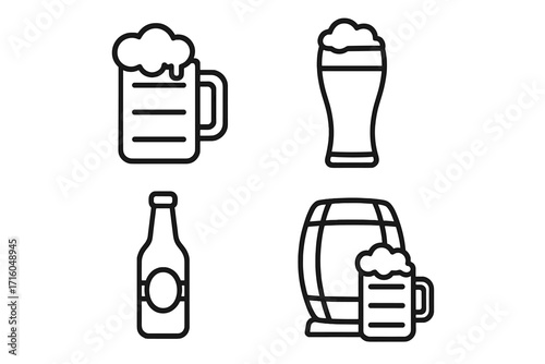 Beer icon set. Brewery and pub line icons collection. Alcohol drink symbols for bar menu, lager, ale. Vector outline of mug, glass, bottle, barrel. Simple minimalist pictogram.
