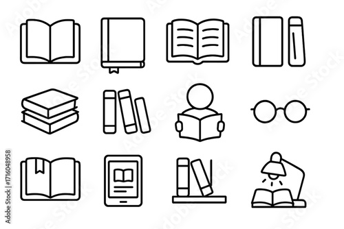 Book and reading outline icon set. Vector collection of library, education, and learning symbols. Includes open book, reader, ebook, lamp, glasses for study concepts.