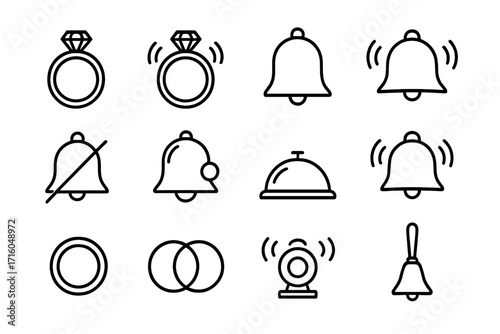 Notification and alert line icon set. Bell, alarm, and wedding ring symbols. Mute, service bell, and webcam icons. Editable stroke vector illustration for web and mobile UI.