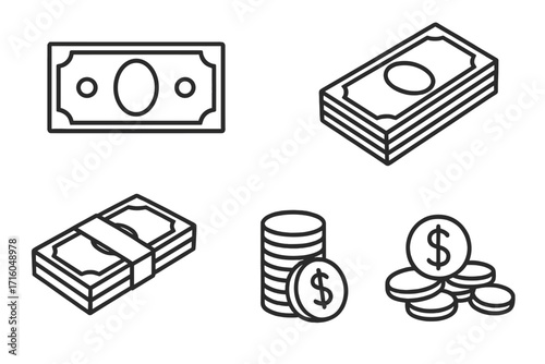 Cash money outline icon set vector. Finance, currency, and banking symbols. Collection of banknotes, bills stack, dollar coin pile. Editable stroke line art illustration.