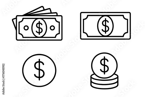 Cash money outline icon set. Vector dollar bill and coin symbols. Finance, payment, currency, and savings concept. Editable stroke for infographics and web design.